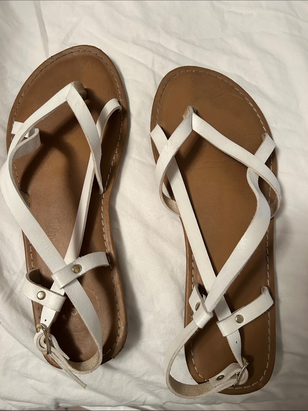 SO White Strappy Leather Sandals with Brown Footbed